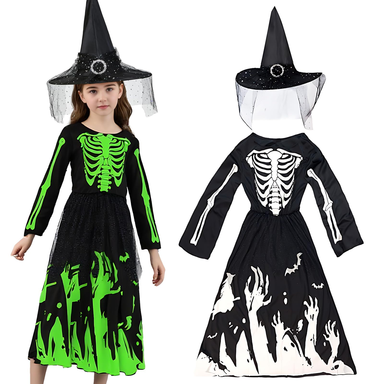 JoyinTcos Kids Halloween Skeleton Costume Grim Reaper Costume, Kids Skeleton Glow in the Dark Set Halloween Costumes