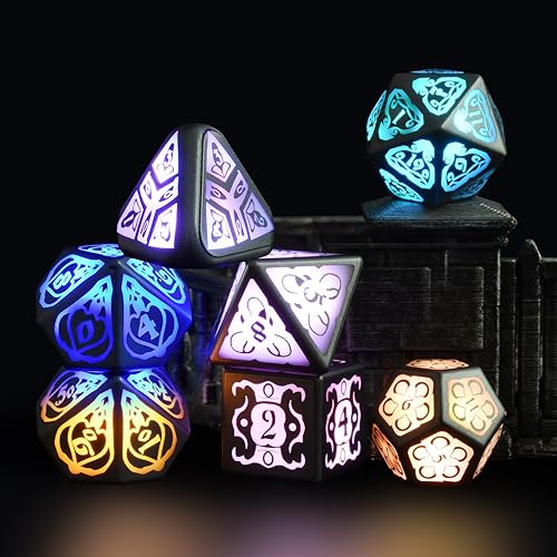 Juego de dados DND de carga inalámbrica con caja de carga, juego de dados poliédricos iluminados de D4 D6 D8 D10 D% D12 D20, 7 piezas de dados