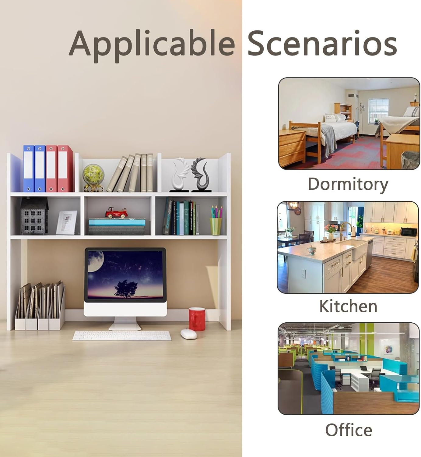 Desk Hitch for Dorm, Desk Bookshelf, White Desktop Hutch with 2 Tier Shelves for Kitchen, Office, Dressing Table