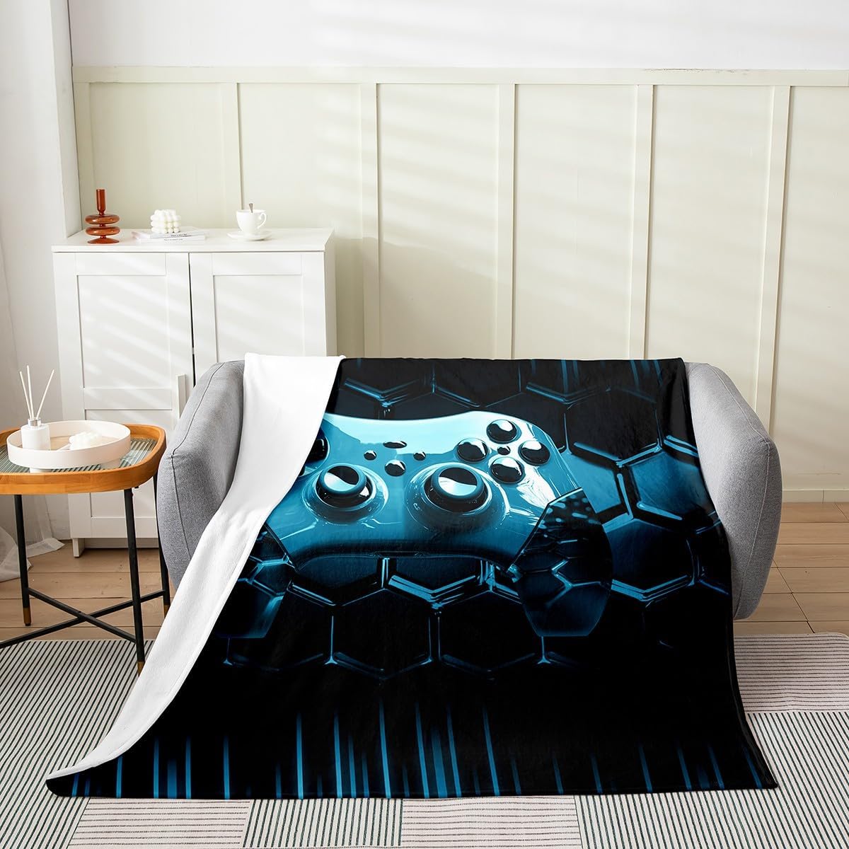 Erosebridal Gaming for Boys Blue Gamer Throw Blanket Queen 90x90,Honeycomb Gaming 3D Sherpa Blanket,Blue Geometric Flannel Blanket for Girls Kids Teen,Cool Video Game Room Decor Blanket Lightweight