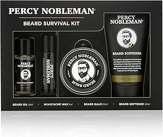Percy Nobleman Beard Survival Kit, a Beard Grooming Kit containing a scented beard oil, beard balm, moustache wax, and a beard softener