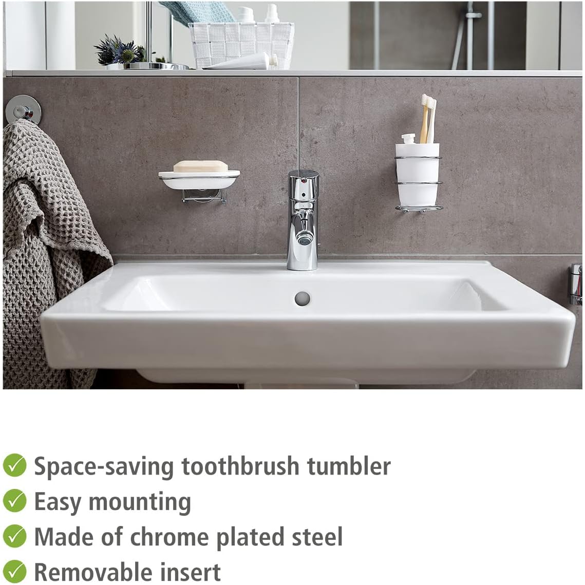 Wenko 20880100 Vacuum-Loc Wall Toothbrush Tumbler Milazzo - Fixing Without Drilling, Metal - Steel, 7.5 x 11.5 x 9.5 cm, Chrome