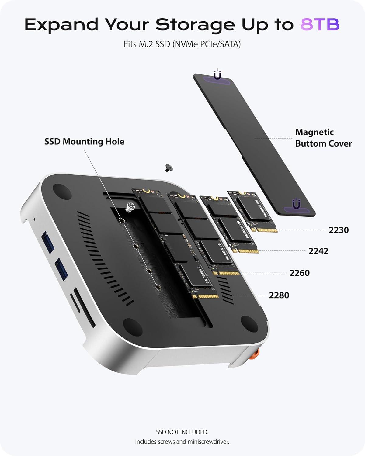 Stouchi Mac mini M4 Dock Stand with 8TB NVMe SATA SSD Enclosure, 2* USB A 10Gbps, 4K@60Hz HDMI, SD/TF Slot, 2* USB A Data Port, Audio 3.5mm, Easy Power Button & Stable Wi-Fi for Mac mini M4/Pro 2024