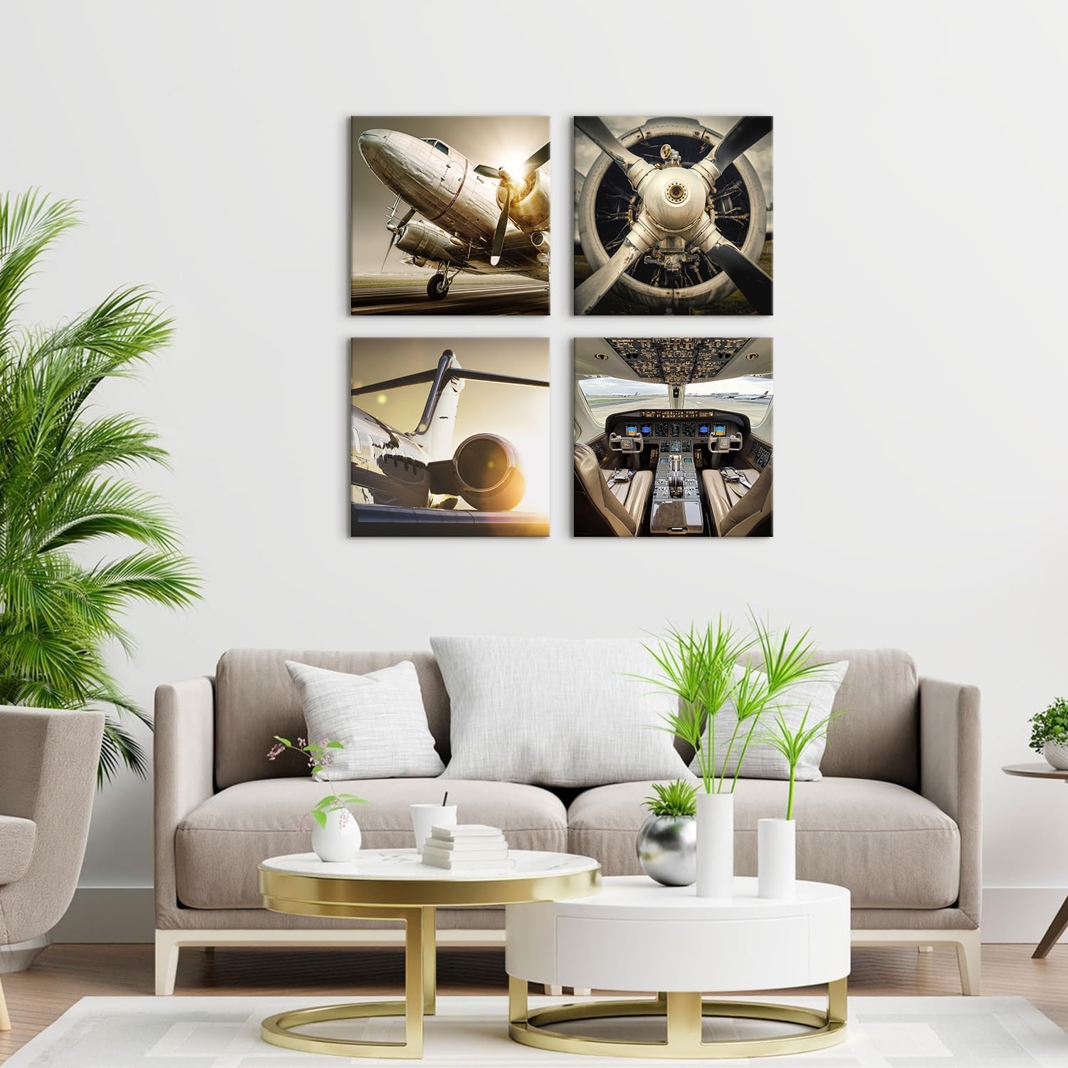 Airplane Decor Sunset Aviation Decor Military Plane Wall Decor Vintage Aircraft Pictures Turbine Propeller Canvas Prints Aircraft Engine Painting Artwork for Bedroom Office Home Decoration 20x20" 4Pcs