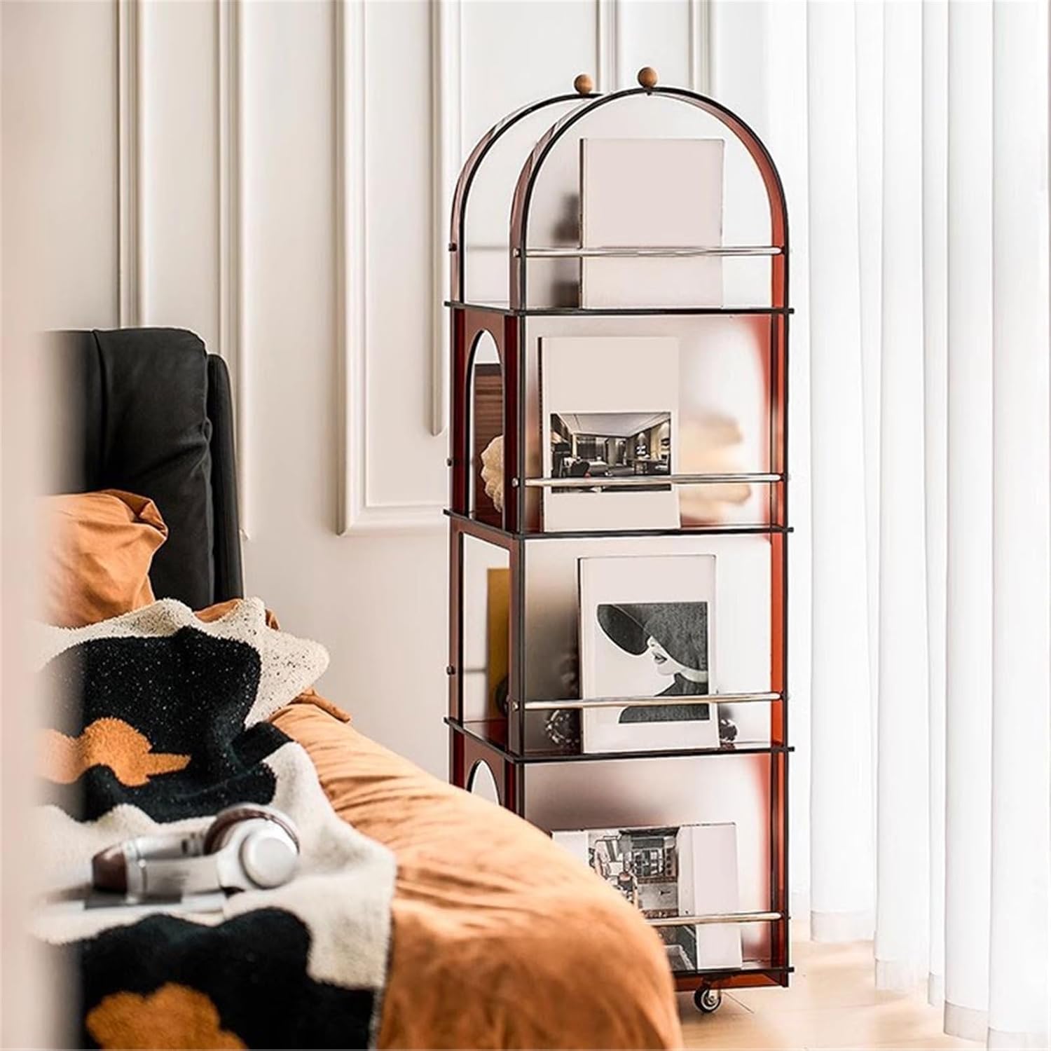 Record Holder Movable Vertical CD Record Albums Rack Acrylic Magazine with Caster Wheel Storage Shelving Record Display Rack