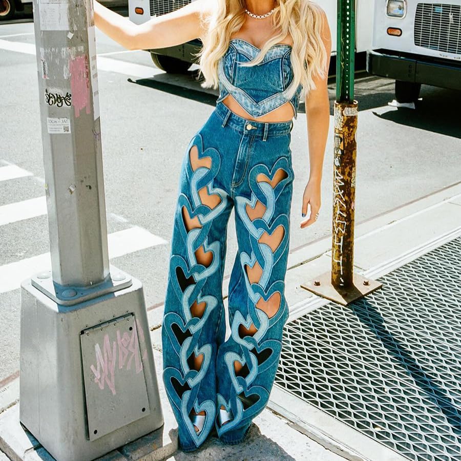 Women's Fashion Sexy Jeans Hollow Out Heart Ripped High Waisted Straight Leg Pants2