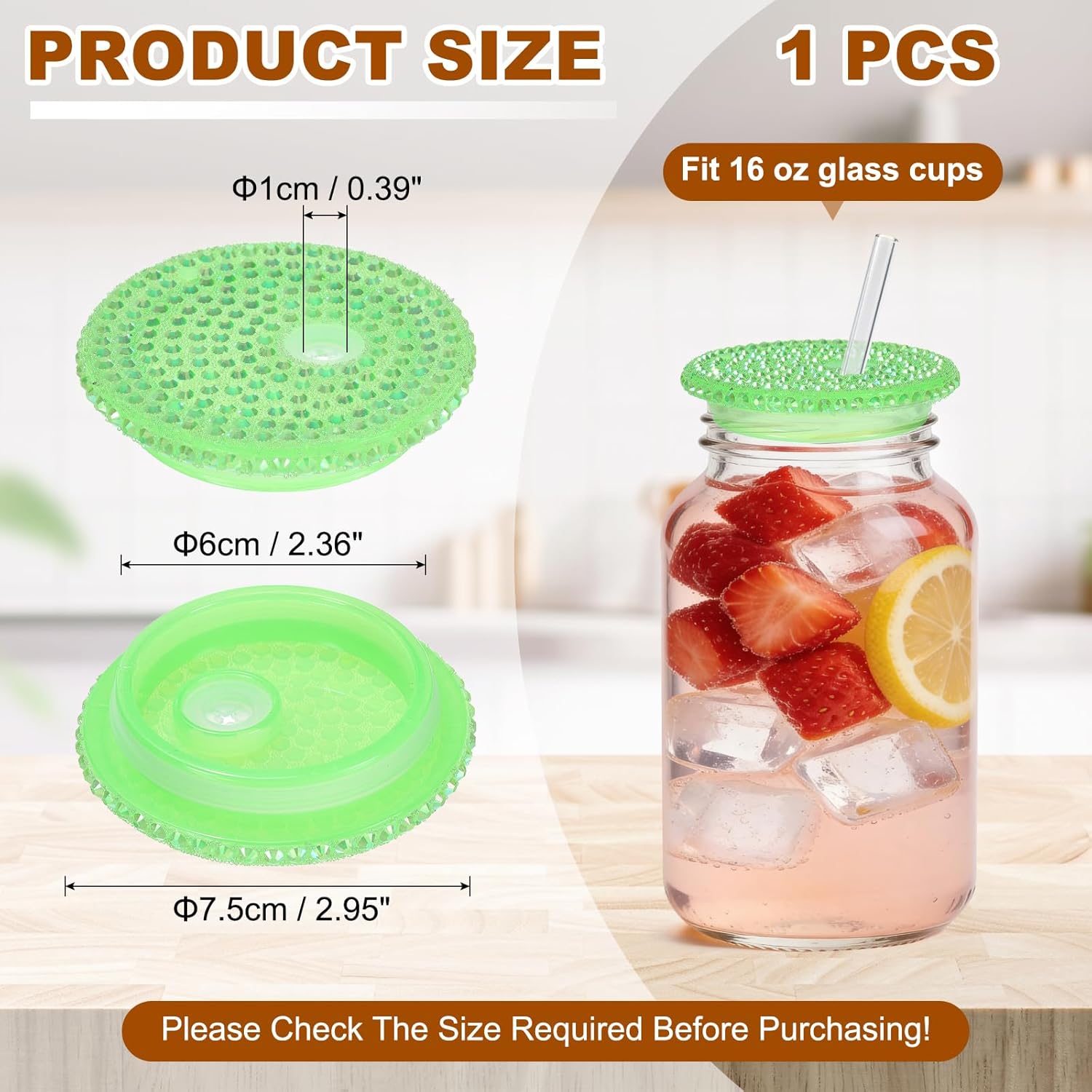 uxcell Acrylic Lids for 16 oz Glass, Reusable Plastic Tumbler Replacement Lids Rhinestone Canning Caps with Hole for Beer Can Drinking Glasses Tumblers, Fruit Green Iridescent