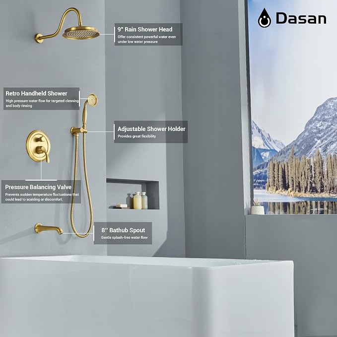 Sistema de ducha Dasan Brushed Gold con grifería y válvula miniatura 2