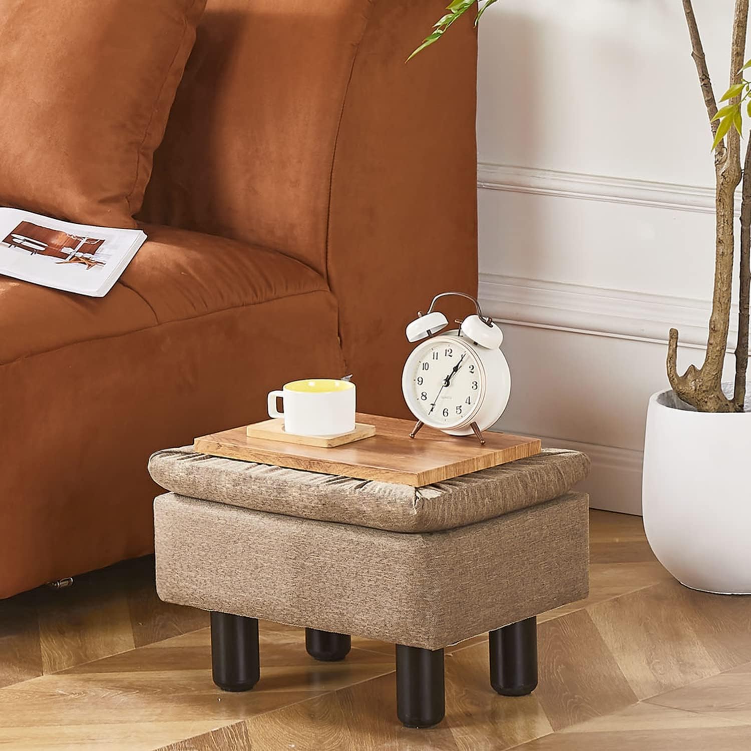 Brown Linen Small Foot Stool with Storage and Solid Wood Legs