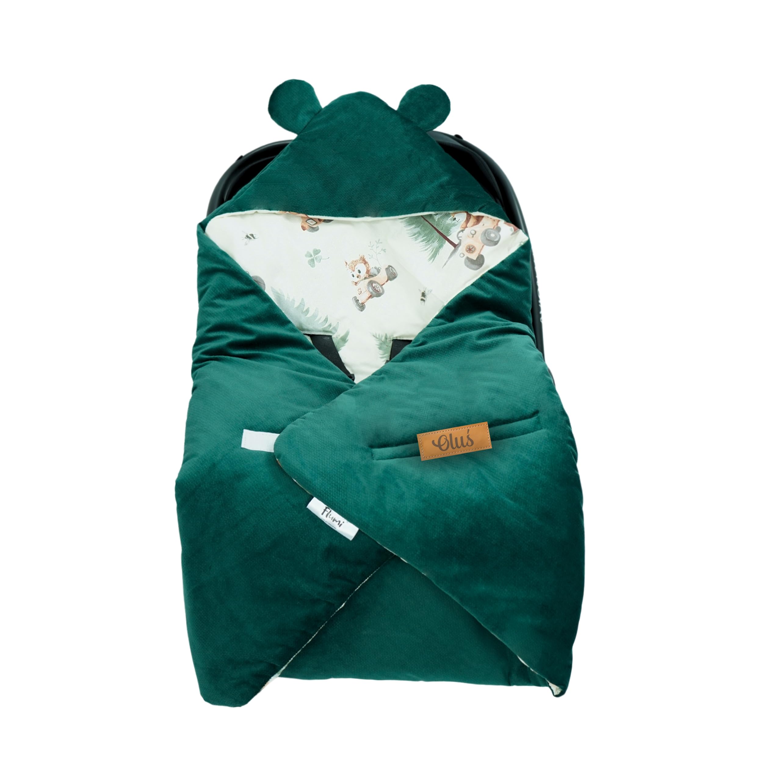 Flumi Couverture Enveloppante Bébé pour Siège Auto, Poussette et Nacelle – Capuche, Ouvertures Harnais, Lavable, Personnalisation Prénom (Animaux Verts)