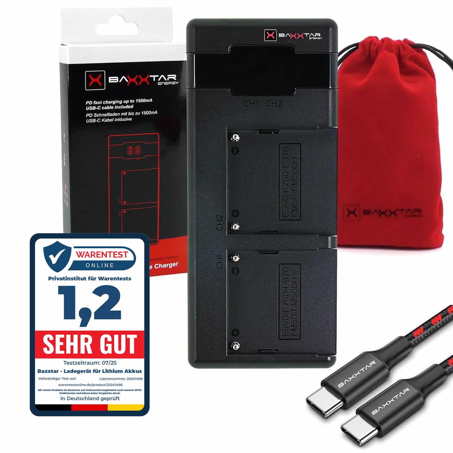 Baxxtar Premium Caricabatterie LCD USB-C (1500mA) compatibile con Sony NP FM50 F550 F750 F950 F970 FM500H QM71 batteria, Caricatore supporto QC & PD 3.0, ricarica rapida veloce con alimentatore 20W