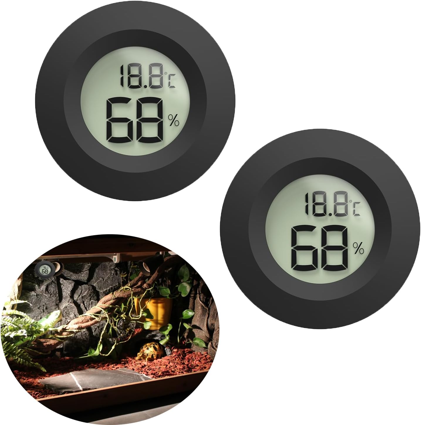 Reptile Tank Accessories, 2pcs Reptile Thermometer and Humidity Gauge, Bearded Dragon Tank Thermometer Humidity Gauge for Jumping Spider, Leopard Gecko, Hermit Crab, Gecko, Ball Python, Lizard.(Black)