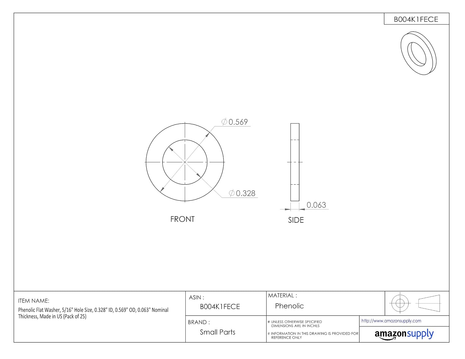 Phenolic Flat Washer, 5/16" Hole Size, 0.328" ID, 0.569" OD, 0.063" Nominal Thickness, Made in US (Pack of 25)