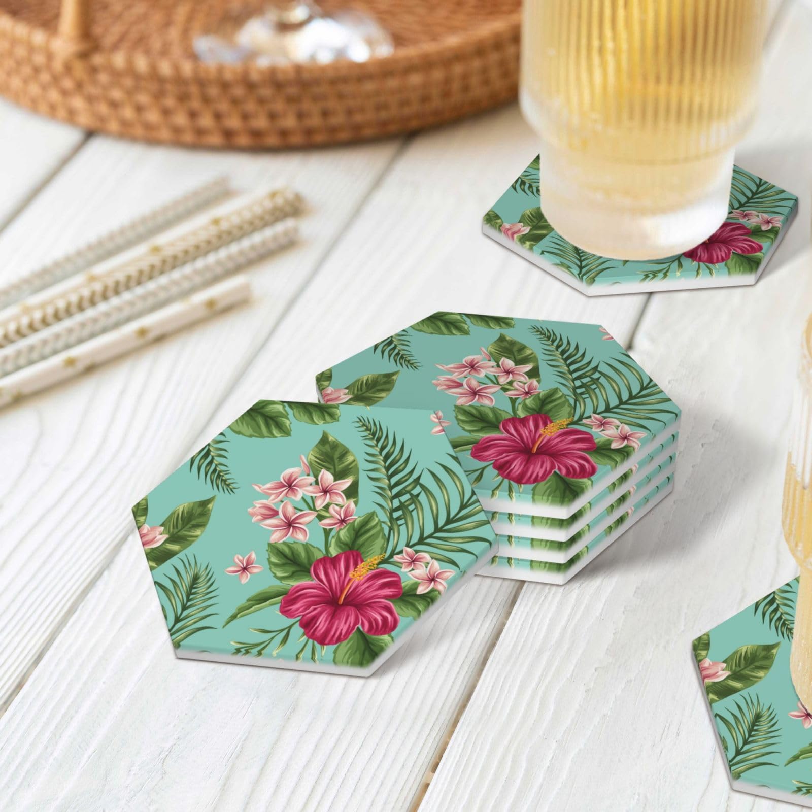 Lot de 4 dessous de verre décoratifs en céramique Motif feuilles tropicales hawaïennes