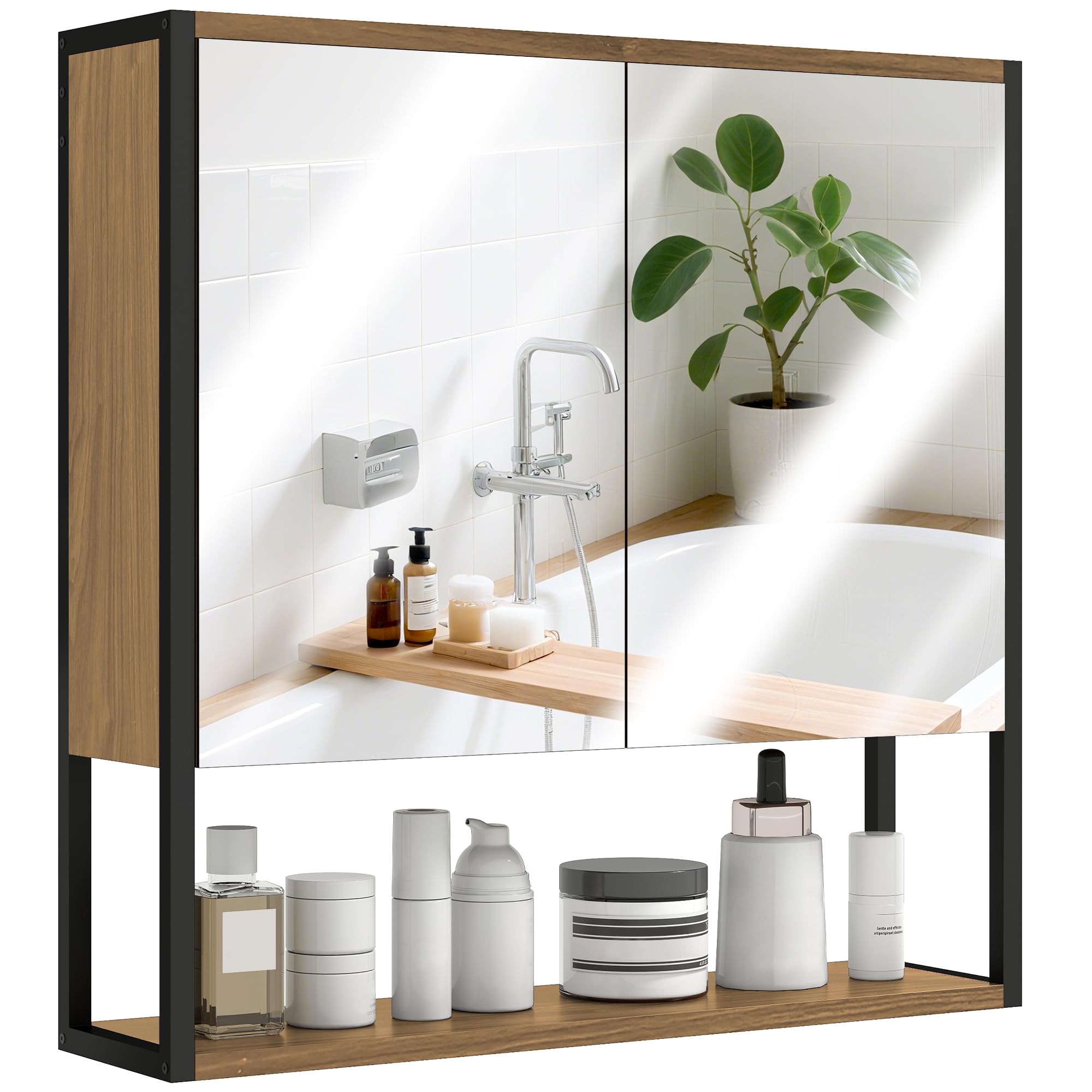 HOMCOM Industrial Bathroom Cabinet - 2 Mirrored Doors - Open Shelf - Natural - W600mm x H600mm