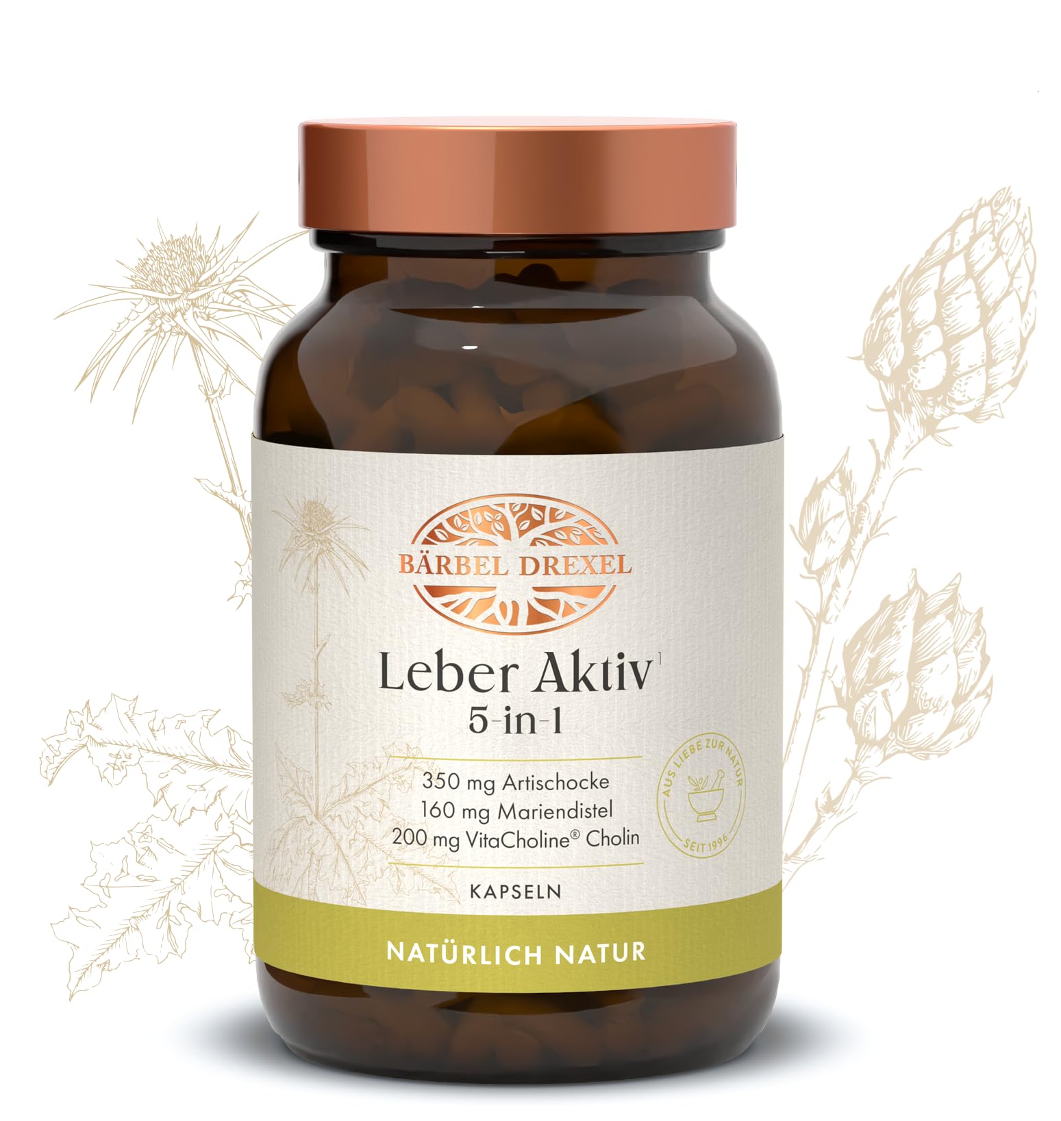 BÄRBEL DREXEL Leber Aktiv 5-in-1 Kapseln mit Cholin, Mariendistel, Löwenzahn, Artischocke, Piperin, Zink, Vitamin E, Selen (60 Stk) Leber Kapseln Naturheilkunde Bitterstoffe