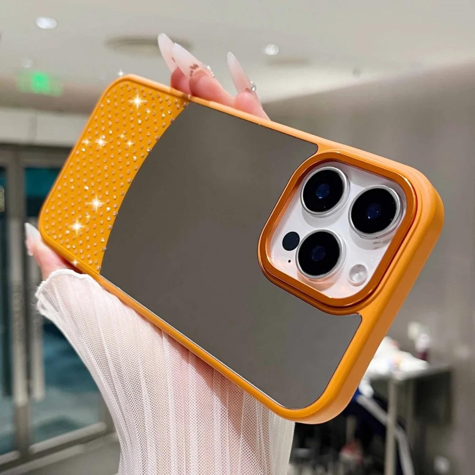 Coque iPhone 16 Plus antichoc orange avec miroir de maquillage intégré
