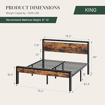 King Size Bed Frame with Wood Headboard & 14 Under-Bed, Brown