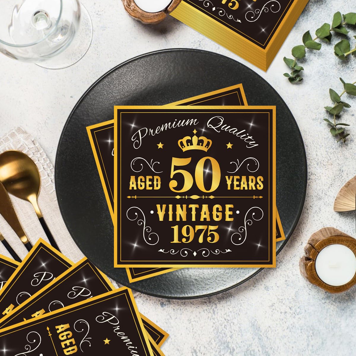 50PCS 50th Birthday Napkins 50th Birthday Decorations for Women Men 50th Anniversary Decorations Vintage 1975 Disposable Napkins Black Gold 6.5 x 6.5 In