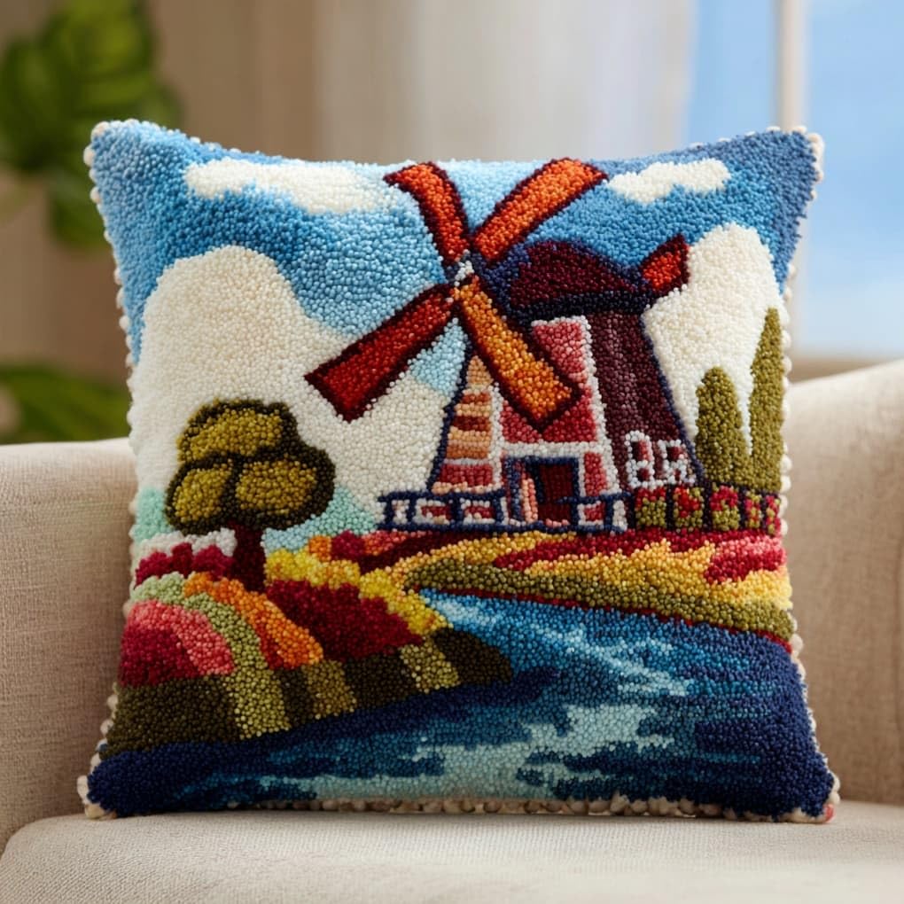kitphoenix Latch Hook Kit Pillow Case Windmill Fields 43Cmx43Cm
