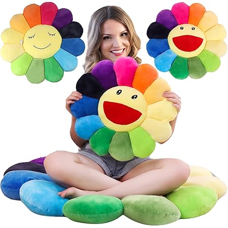 Rainbow flower pillow-floor pillows & cushions 17IN flower pillow as cushion/ backrest/floor mat, colorful flower pillow heals smile, smiley face pillow is used on sofa/chair/ floor/bed/car/office etc