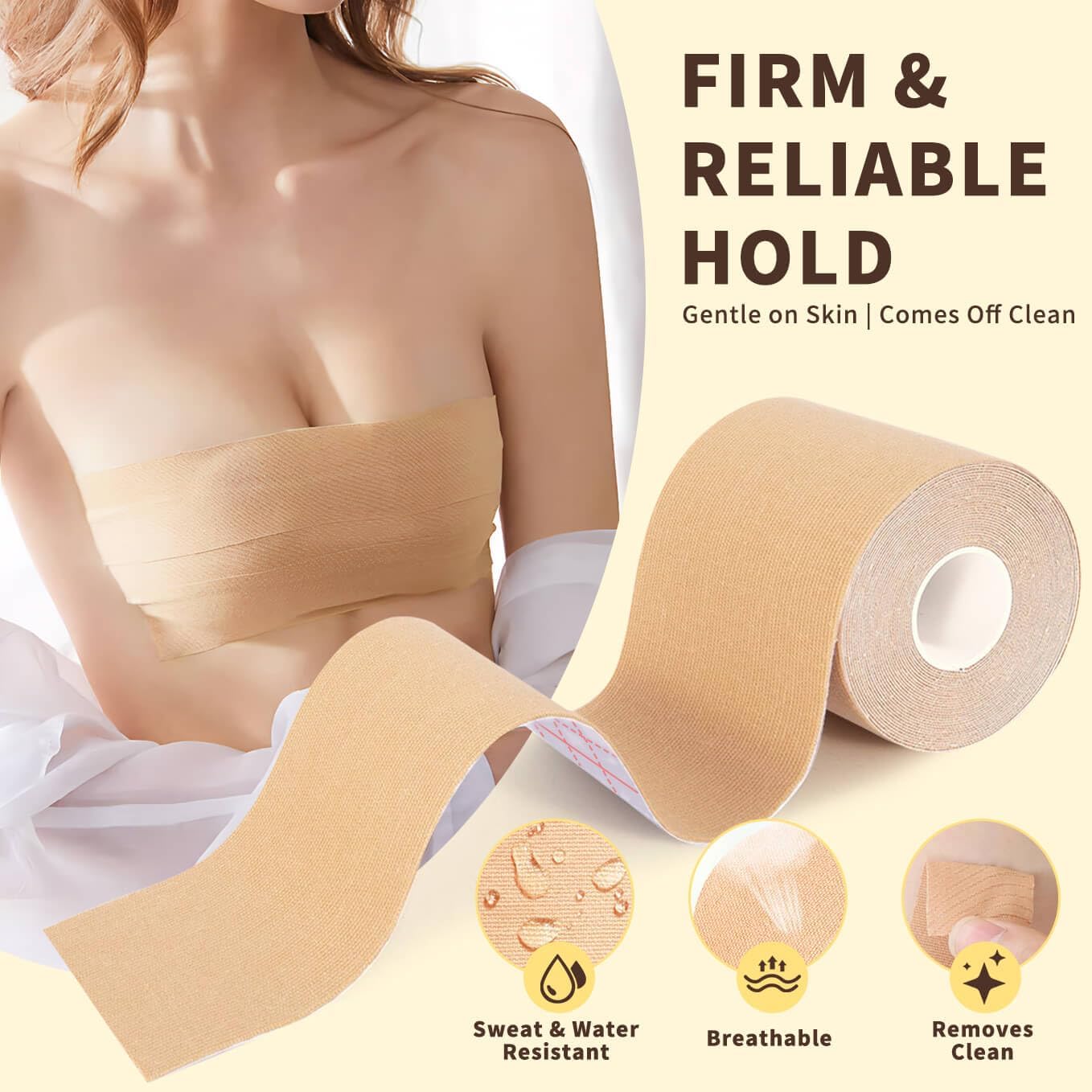 Boob Tape for Breast Lift – 2 Rolls Breathable Waterproof Push Up Adhesive Body Tape with 5 Pairs Sticky Nipple Covers, Invisible Support for Backless Strapless Dresses, Large Breasts A-G Cup Beige