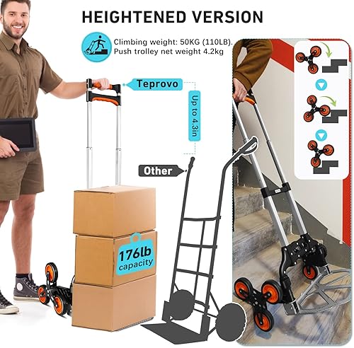 Miniatura 3 de Carro de escalada de escaleras, mango extendido de Teprovo, camión de mano plegable de aluminio en movimiento, capacidad de carga de piso plano 176