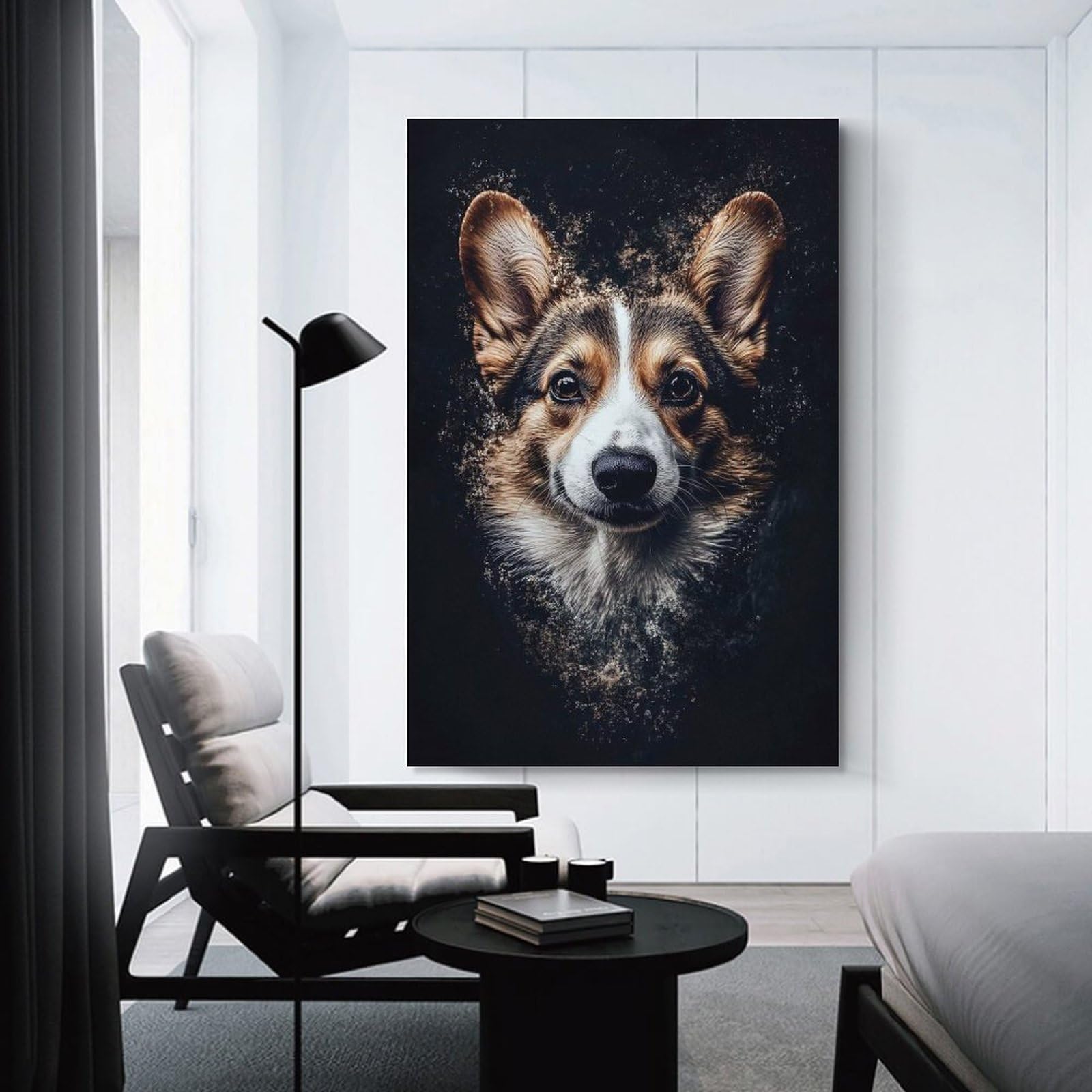 Junmoney Corgi Portrait with Digital Dust Effect Canvas Wall Picture 24x36inch(60x90cm), for Living Room, Bedroom Or Apartment Walls, Modern Wall Decor for Cosy Interiors