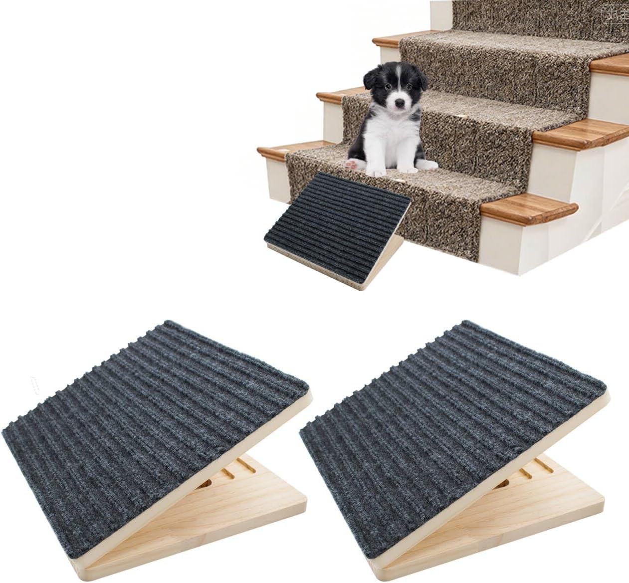 2 Pack Dog Ramp for Stairs, Foldable Wooden Pet Ramp with Carpet Surface, Height Adjustable, Anti-Slip Low-Angle Steps and Stairs Assist for Senior, Injured & Short-Legged Pets