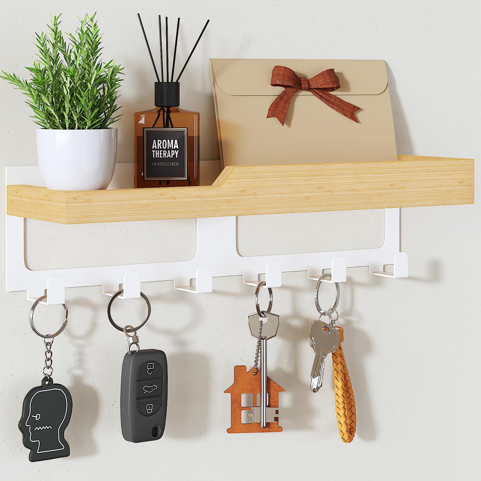 HapiRm Key Holder for Wall – Key Hooks Wall Mounted with Wood Tray & 6 Hook