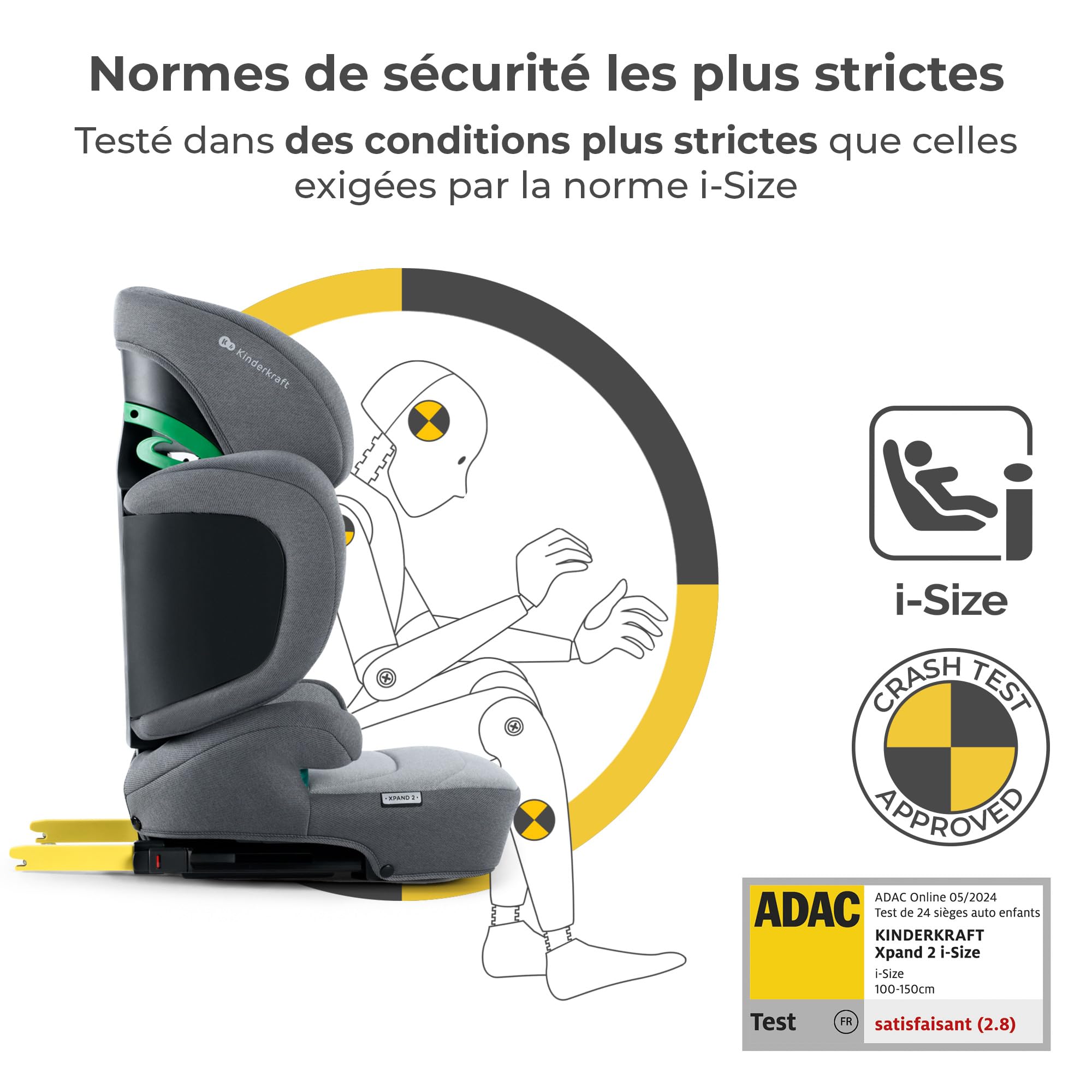 Kinderkraft XPAND2 I-Size, Siège Auto Isofix, Groupe 2/3 (15-36 kg), Réhausseur, Gris