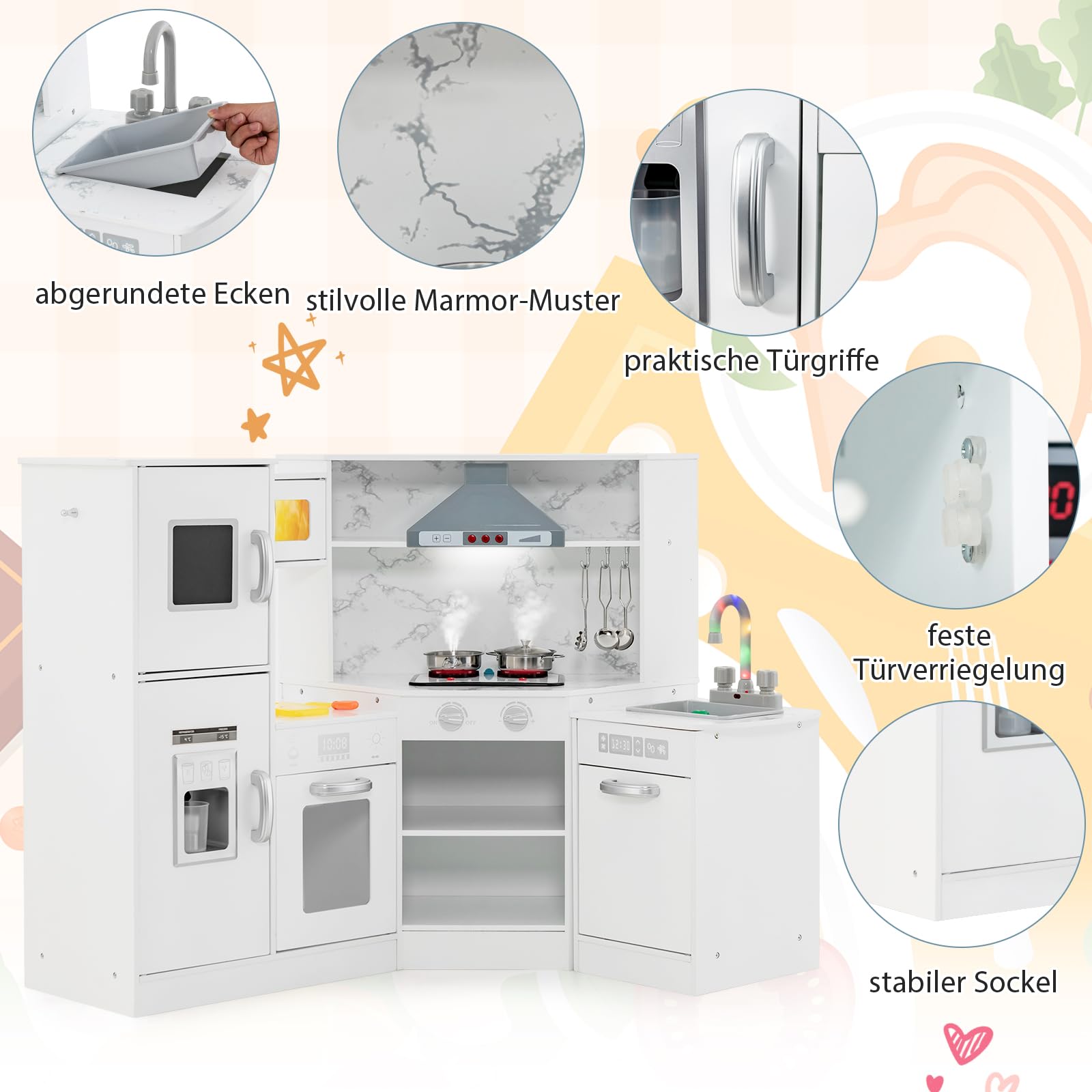 DREAMADE Kinderküche aus Holz mit 16 TLG. Spielzubehör, Kinder Küche Eckküche mit Tafel Herd Spüle Backofen, Spielküche mit Licht und Sound für Kinder Mädchen ab 3 Jahren(Weiß)