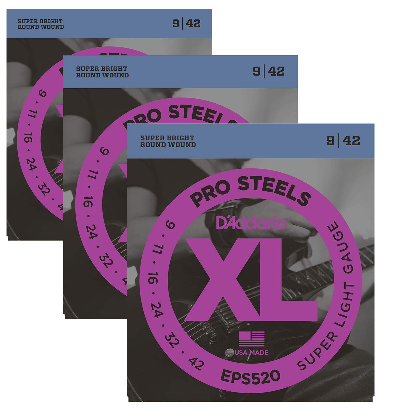 3 Sets of D'Addario EPS520 Pro Steels Electric Guitar Strings EPS520 Super Light