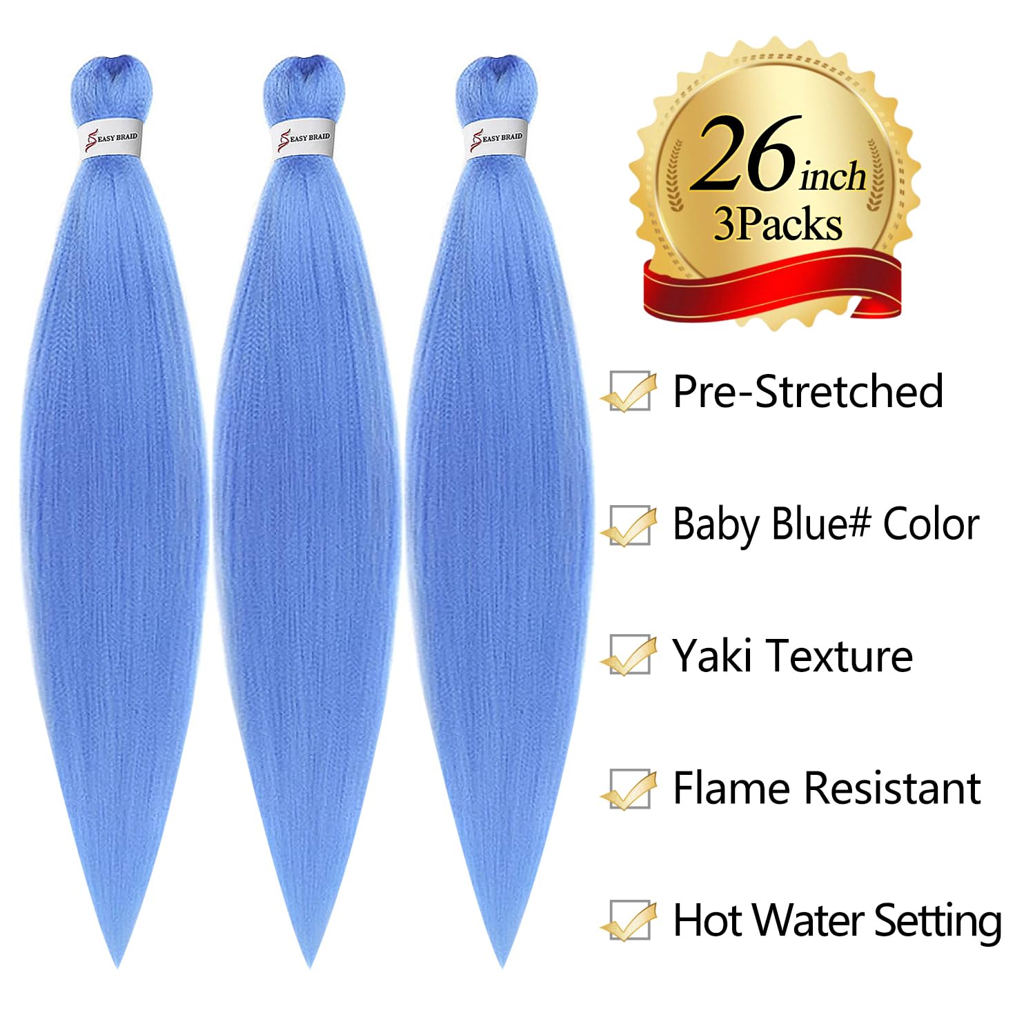 Easy Braid Professional Pre-Stretched Braiding Hair Extensions, 26 inch 3Packs of Itch-Free Synthetic Fiber Crochet Hair with Soft Yaki Texture and Hot Water Setting, (26 inch Baby Blue)