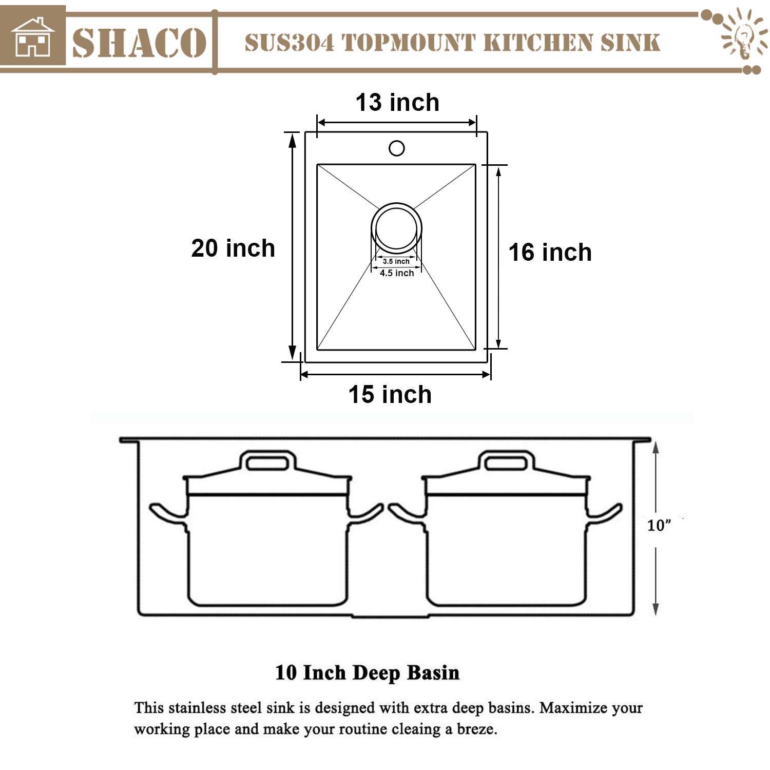 SHACO Edelstahl-Spüle 38,1x38,1 Cm – Kleine Spüle Mit Gebürstetem Nickel Für Kompakte Küchen