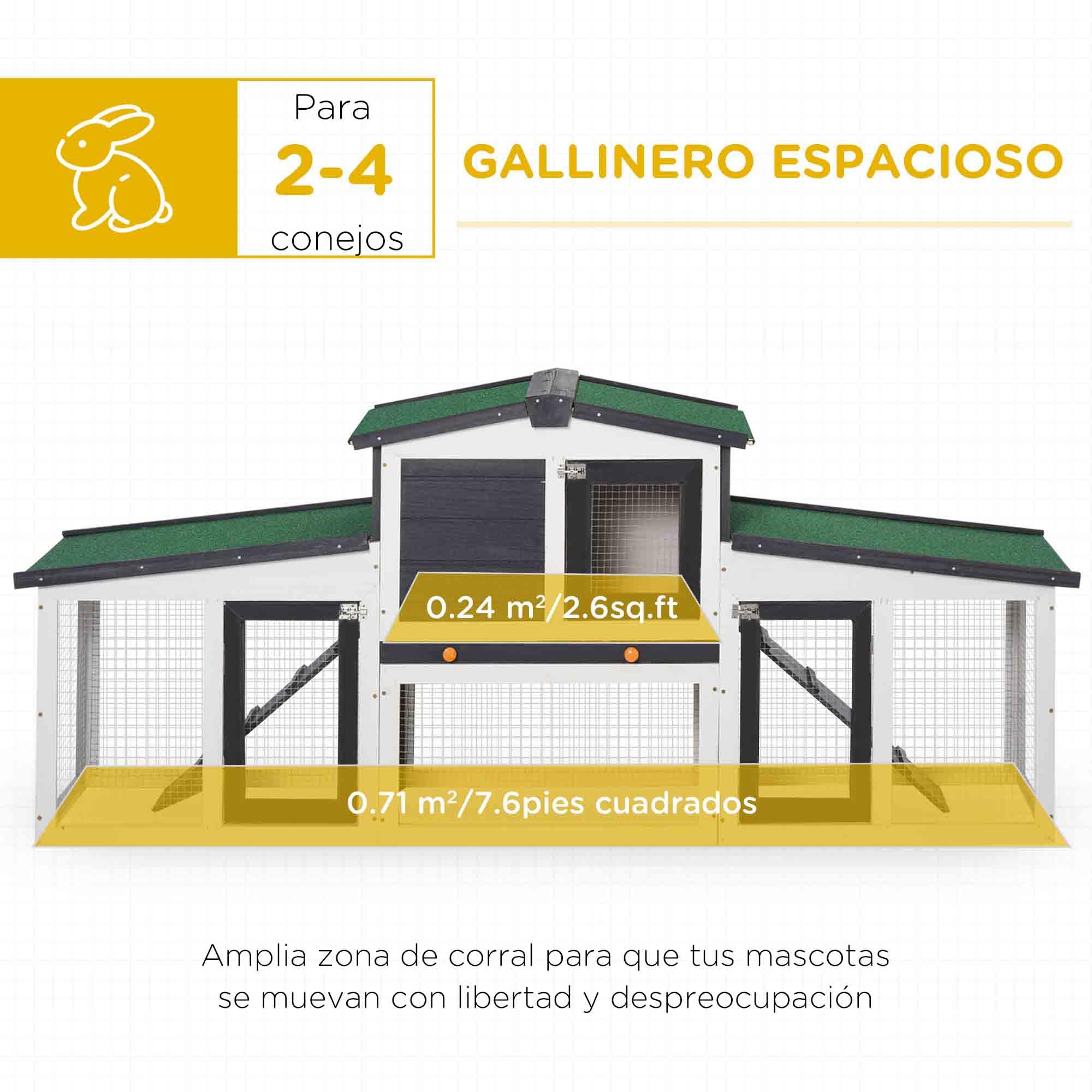 PawHut Conejera de Madera Jaula para Conejos con Techo Abatible Escalera y Bandeja Extraíble Conejera para Exterior 197x49x86 cm Gris