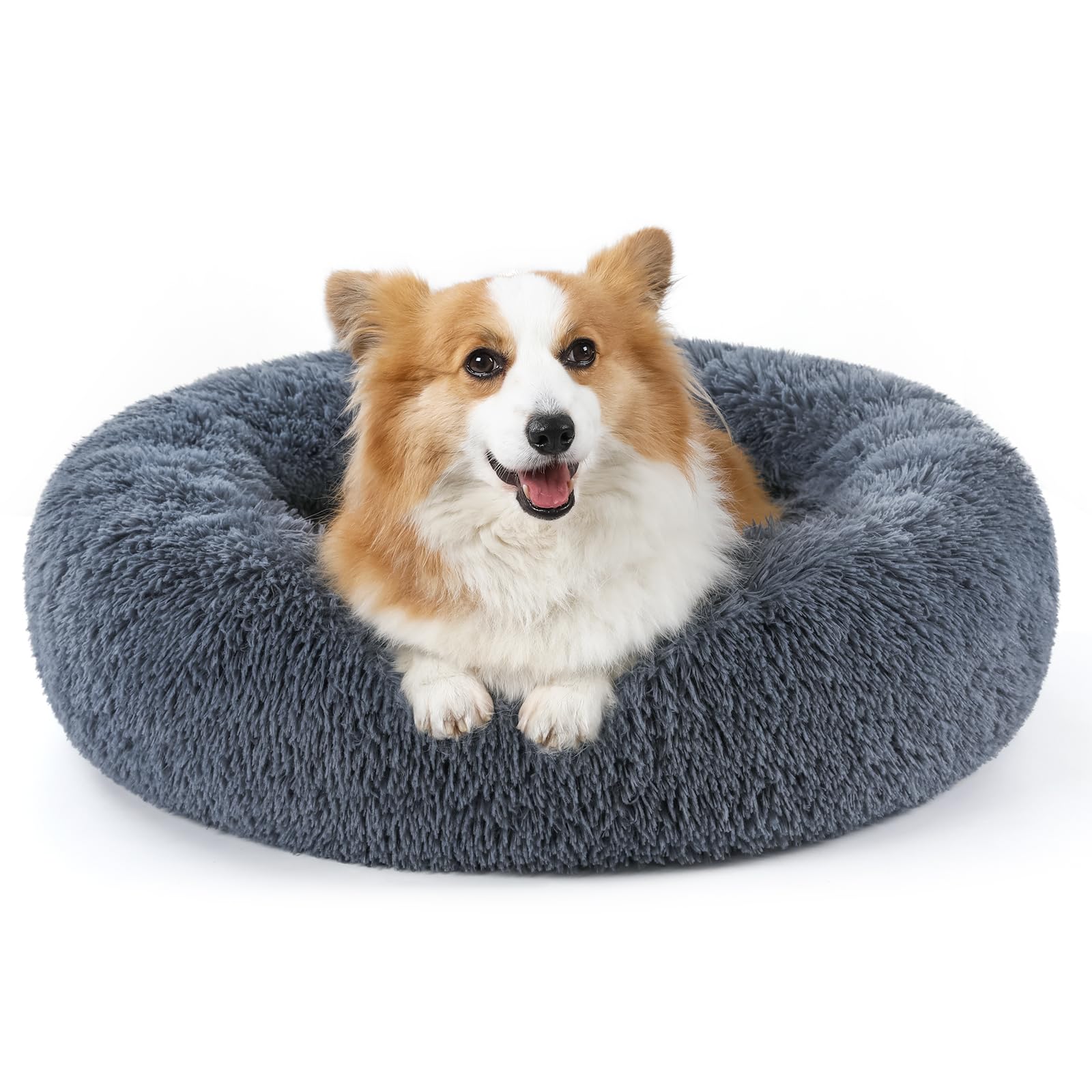 rabbitgoo Calming Dog Bed for Small Medium Dog, 30 inches Pet Bed Machine Washable, Non-Slip Round Fluffy Plush Faux Fur Large Cat Bed, Soft Donut Cuddler Cushion for Small Dog, Dark Grey