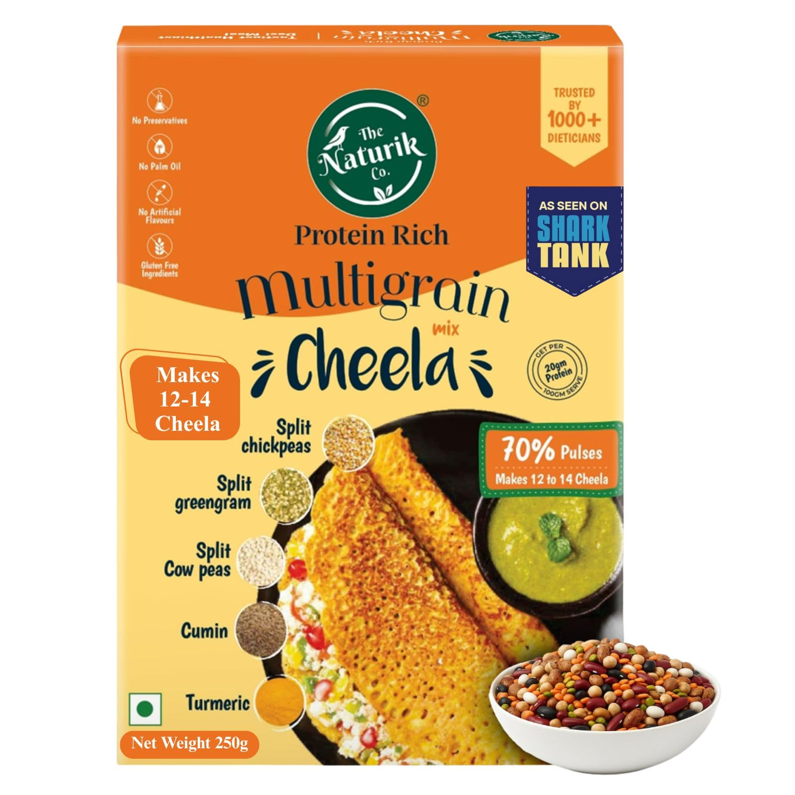 The Naturik Co. Multigrain Chilla Mix 250g: Instant, Ready-to-Cook Cheela & Dosa Mix with 70% Pulses & 20% Protein, Healthy Breakfast Option for Kids & Family | As Seen On Shark Tank