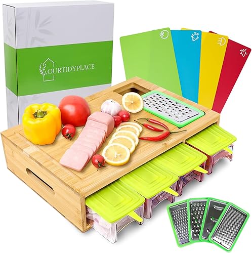 Tabla de cortar con contenedores la tabla de cortar de bambú antideslizante con arboleda a prueba de salpicaduras incluye un juego de 4 ralladores y