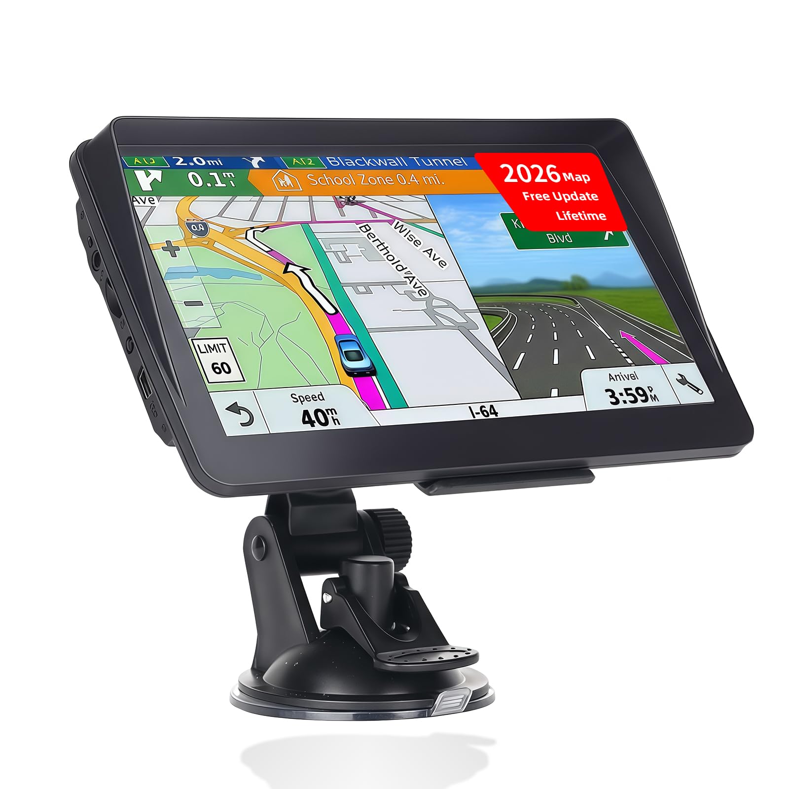 Navigatore satellitare da 7 pollici per auto e camion, sistema GPS HD con mappe del Regno Unito e dell'Europa 2026, aggiornamenti gratuiti a vita, ricerca codice postale, guida vocale, avvisi