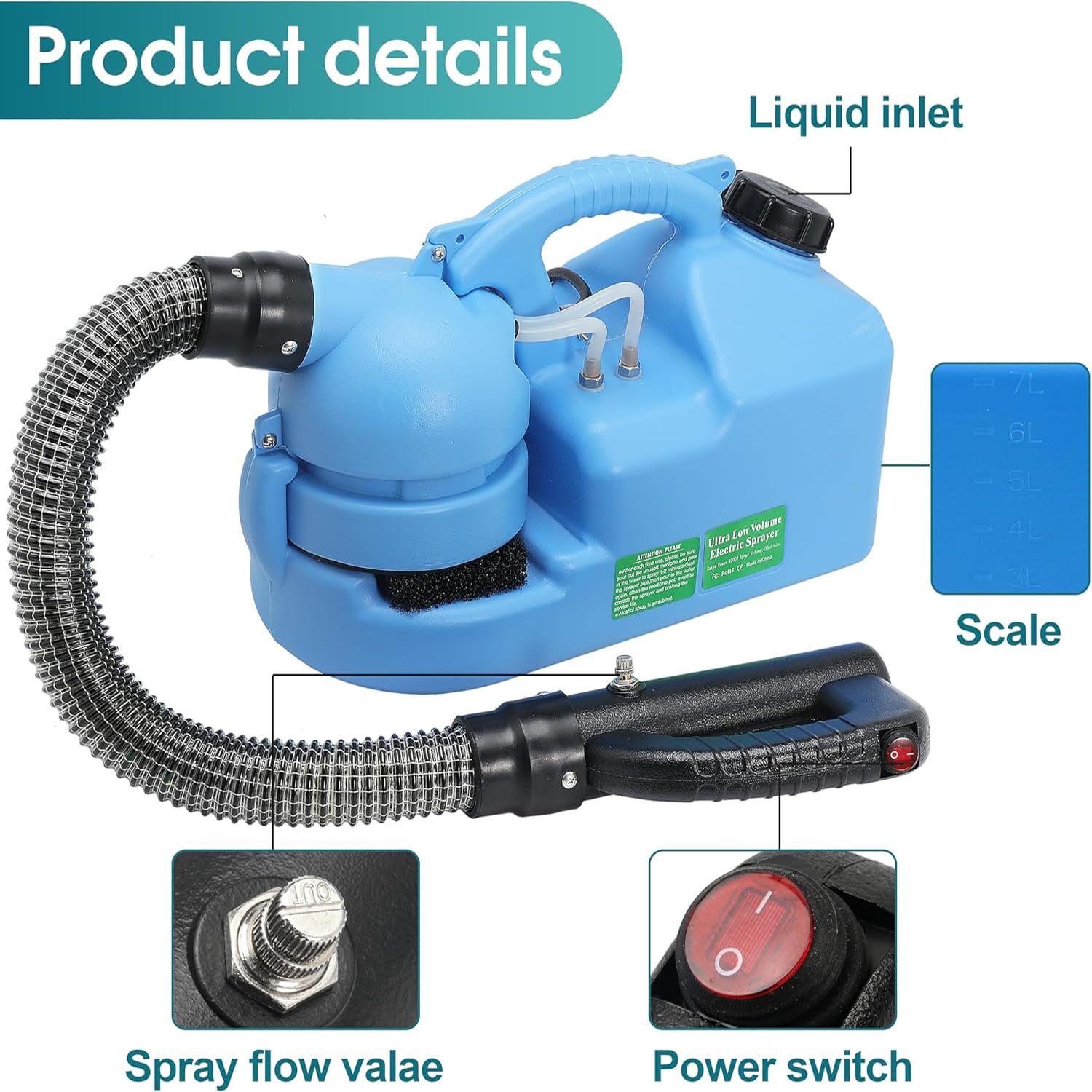 Máquina pulverizadora nebulizadora portátil, máquina nebulizadora ULV eléctrica de 7 l (1,85 galones), atomizador eléctrico pulverizador de Volumen Ultra bajo