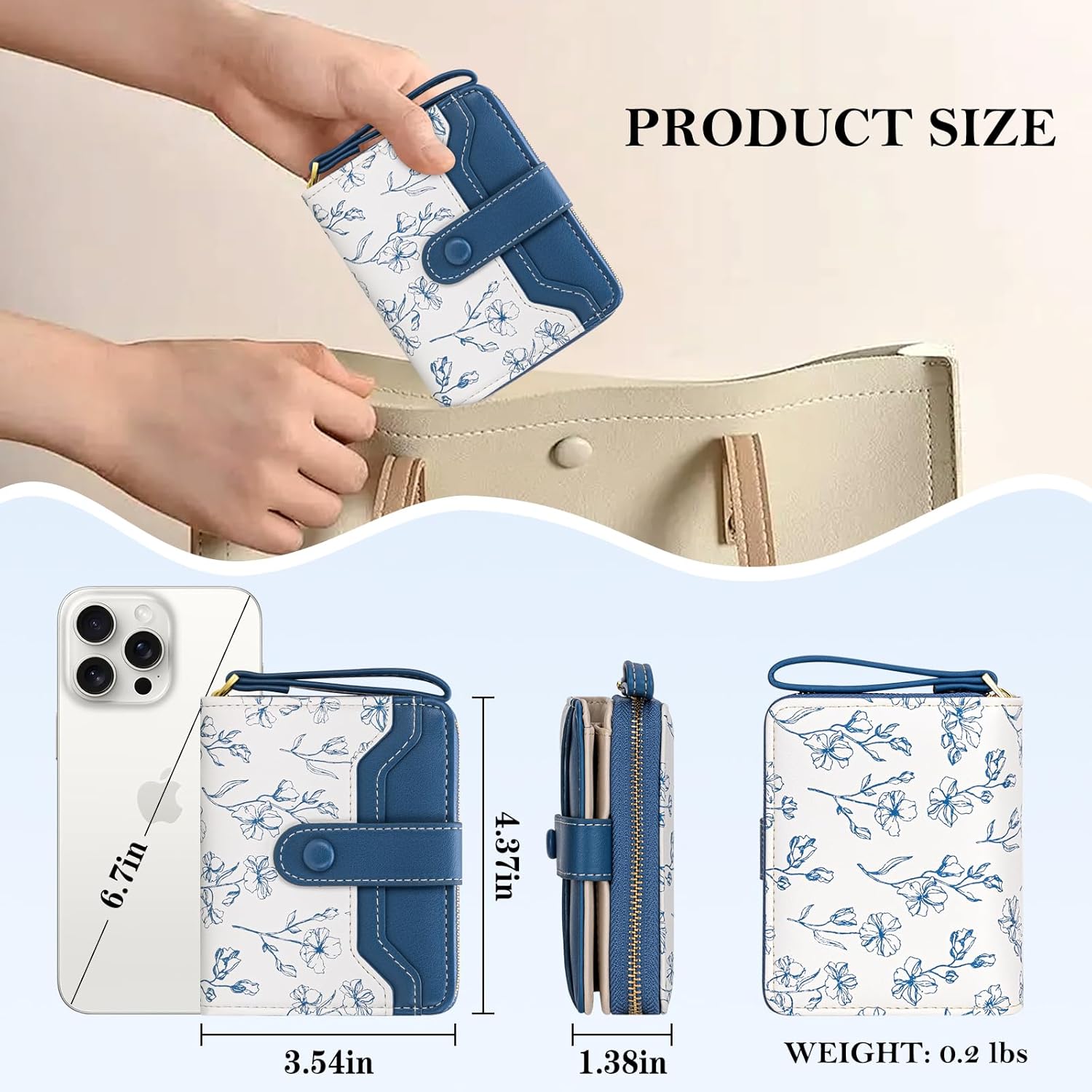 BIAOTIE Wallet for Women Cute Floral Flower Wallet RFID Credit Card Holder Purse Small Bifold Zipper Coin Pocket Purse with ID Windows (Marine Blue) - Image 3