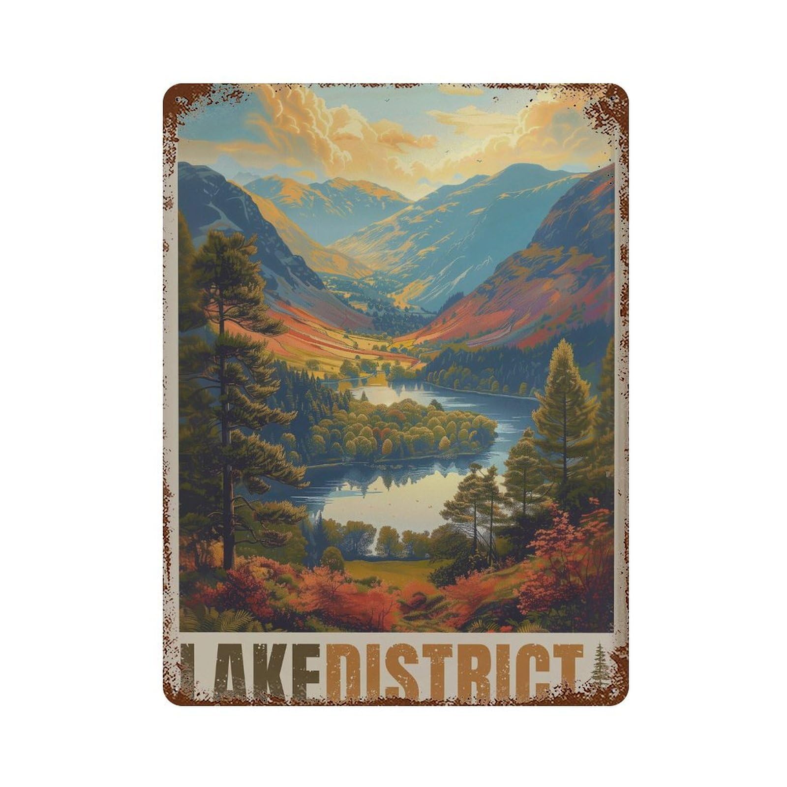 xiaoxiaoshen Lake District Retro UK Landscape British Countryside Framed Nature Wall Decor Art Metal Tin Poster Modern Home Decor Art Home Bar Shop Decorations Vintage Sign 40x30cm