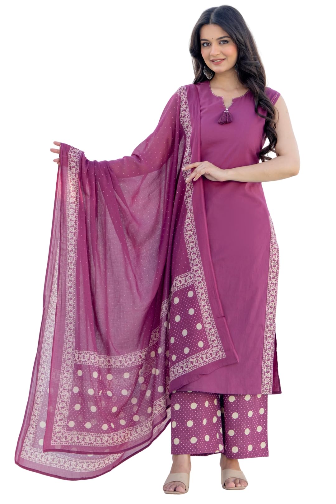 pistaa's Women's Pure Cotton Solid Cut Sleeve Kurta with Printed Palazzo & Dupatta Set-picture-6
