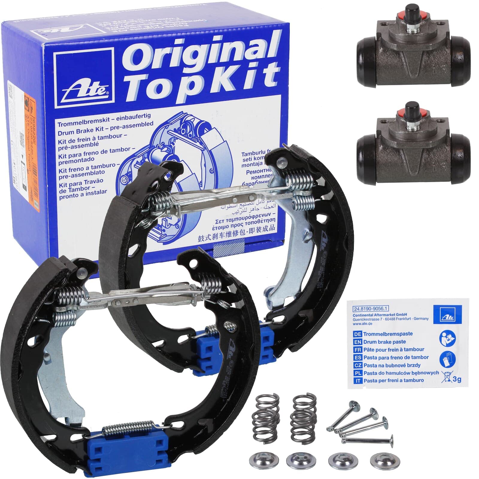 2x ATE Bremstrommel + Topkit Bremsbackensatz Vormontiert | 2x 24.0220-3027.1 + 03.0520-6522.3 Kompatibel mit Cabrio (450),City-Coupe (450),Crossblade (450),Fortwo Cabrio (450),Fortwo C