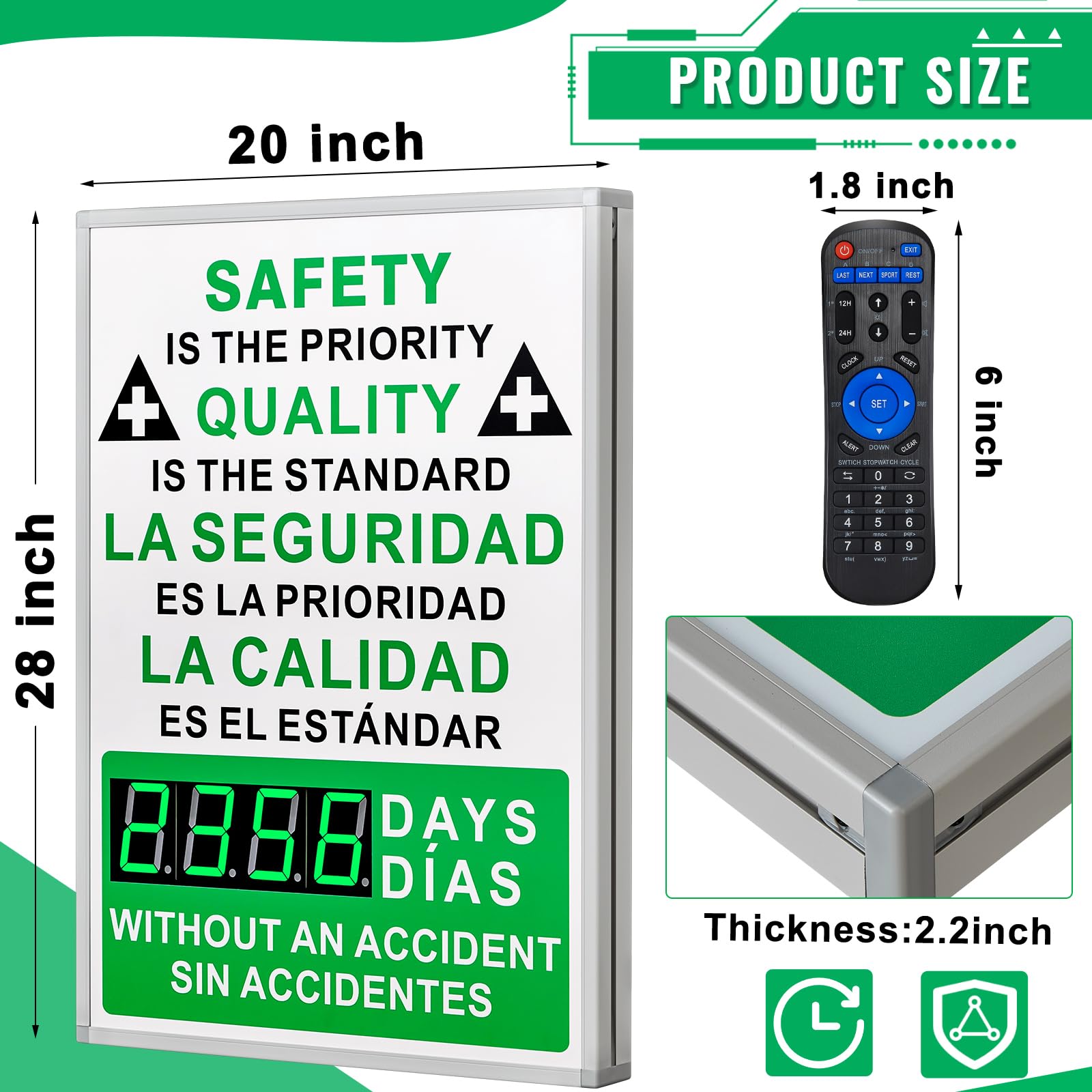 Days Safety Is The Priority Without Accident - Marcador electrónico de seguridad de 28 x 20 pulgadas con control remoto, marcador seguro con texto en inglés «Days Without a Lost Time Accident Are