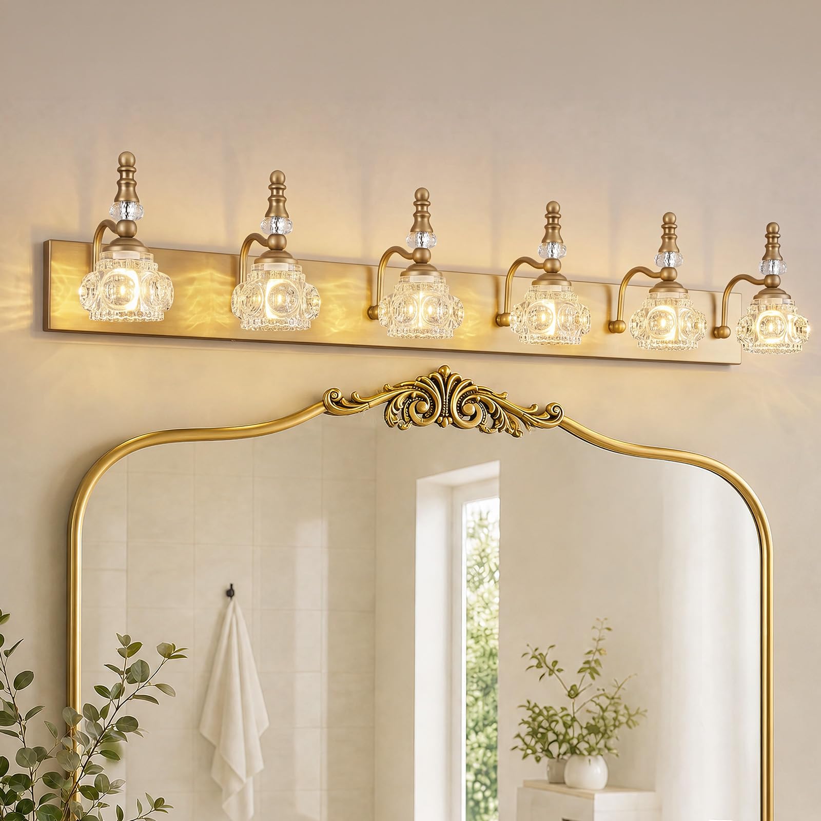 Photo 1 of LBSQJ Modern Glass Crystal Vanity Light - Vintage Bathroom Lighting Fixtures Over Mirror, 6 Light Vanity Lights G9 Bulb (43.3 Inch,Brass)