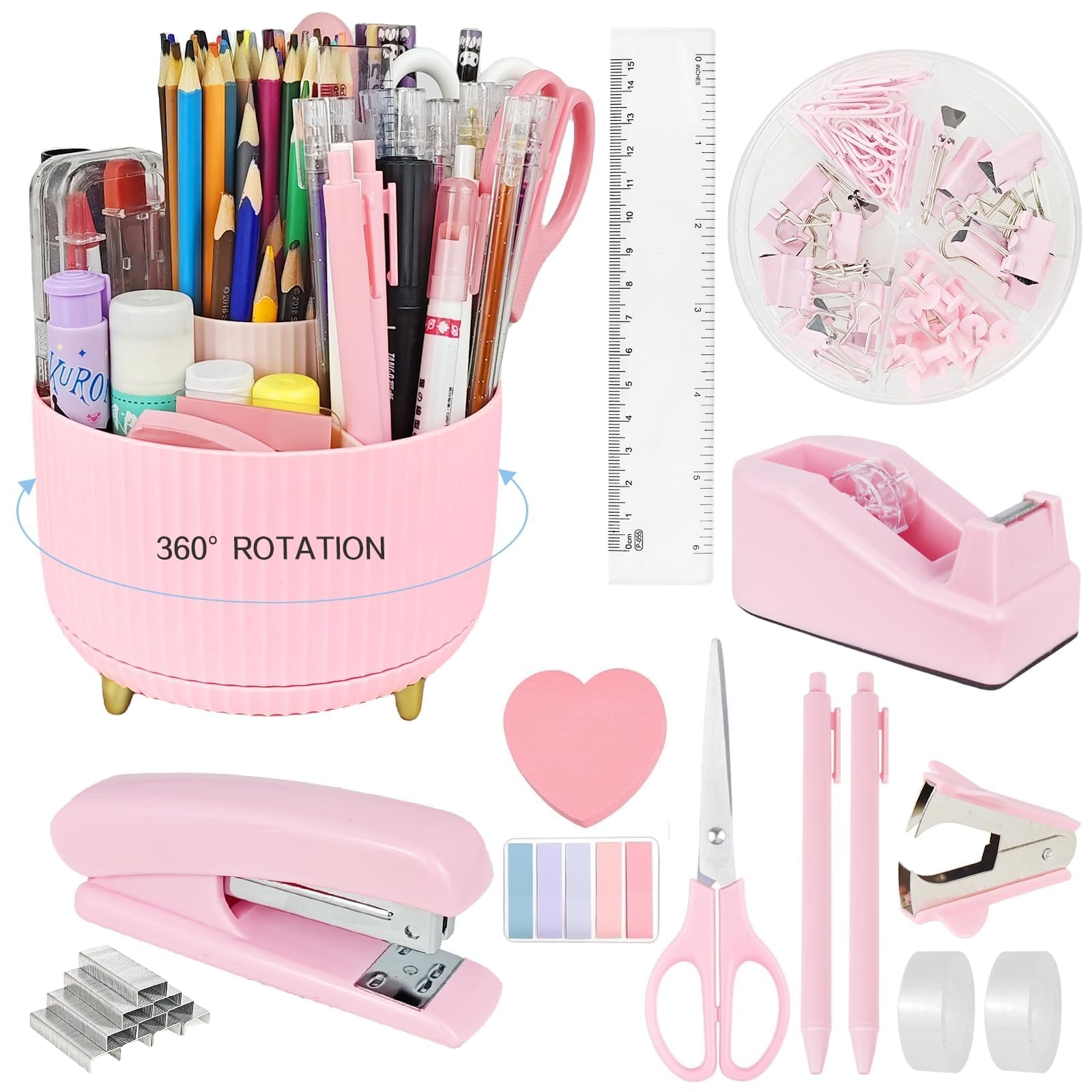 Pink Office Desk Accessories, 15pcs Office Supplies 360°Pen