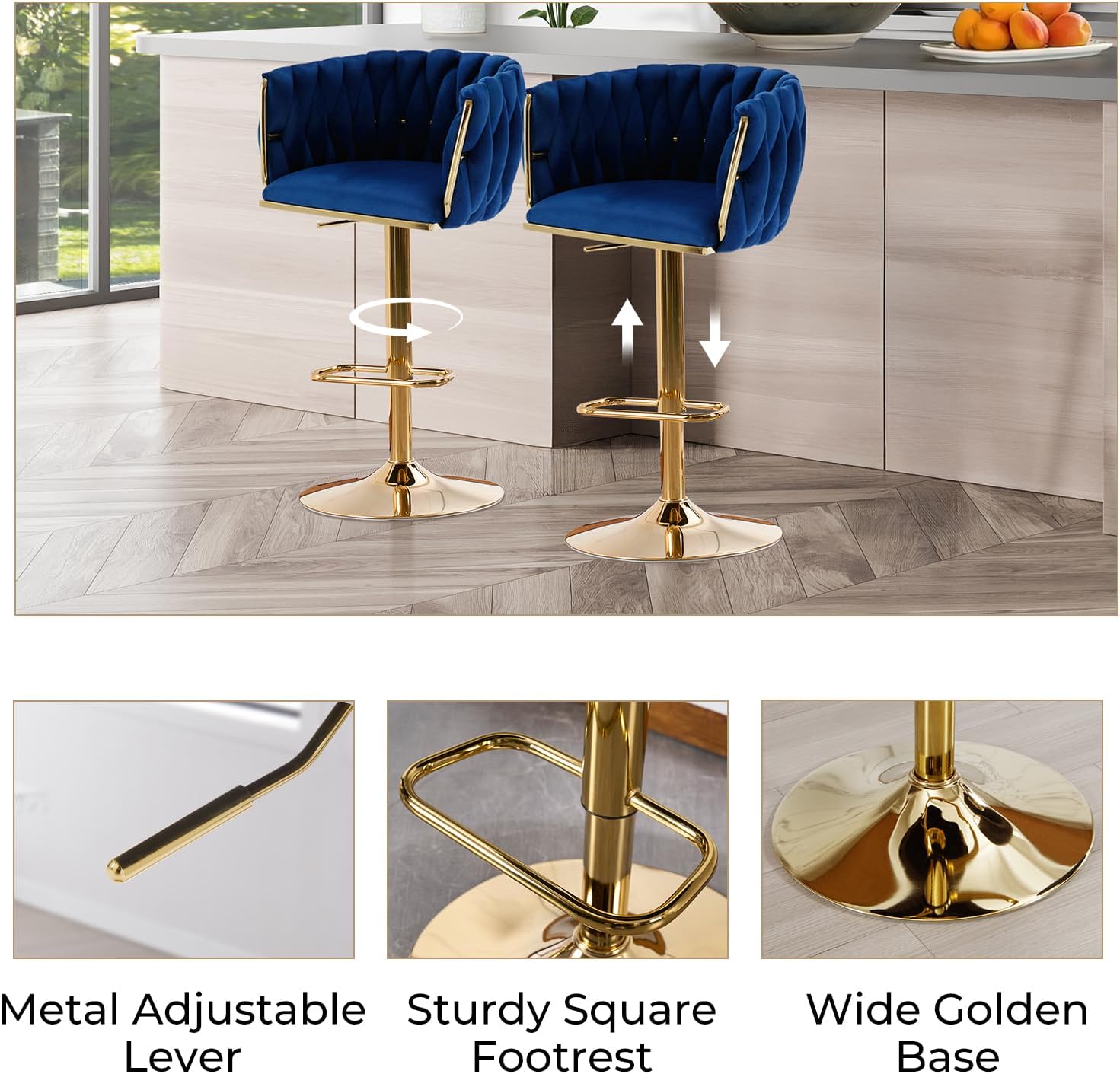 Gold Bar Stools Set of 2, Velvet Adjustable Bar Chairs with Woven Low Back, Modern Swivel Upholstered Counter Height Chairs for Kitchen Island, Dining, Pub, Navy Blue