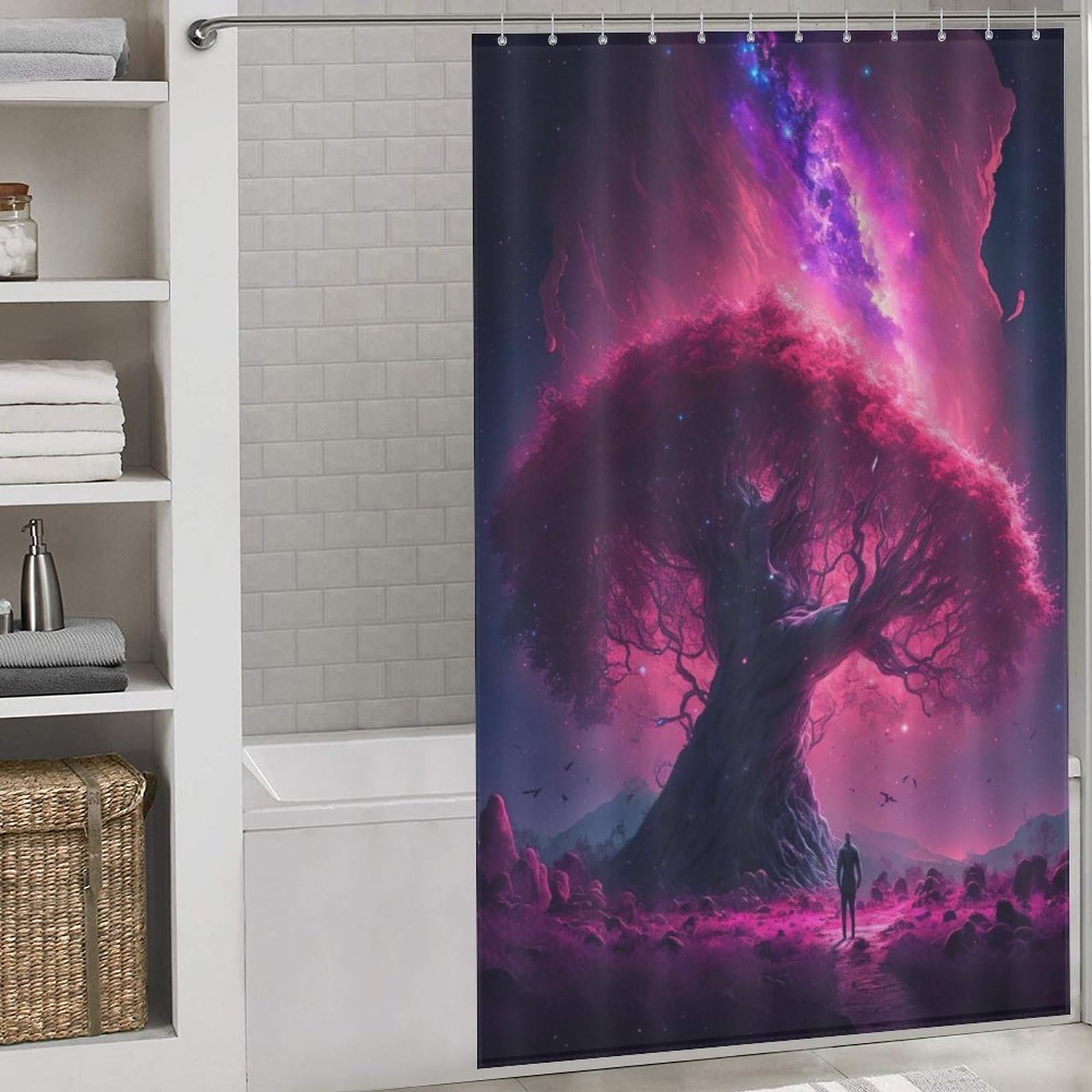 Rideau de douche imperméable et lavable Arbre de Vie Cosmique en polyester avec crochets